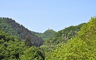 View over forested hills with old castle ruins in the distance
